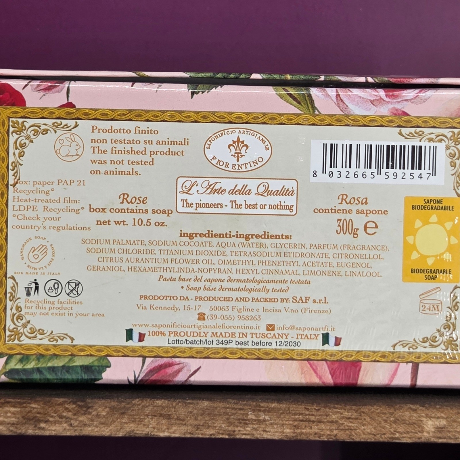 Saponificio Artigianale Fiorentino Italian Rose Soap 10.5oz Handmade Italy New