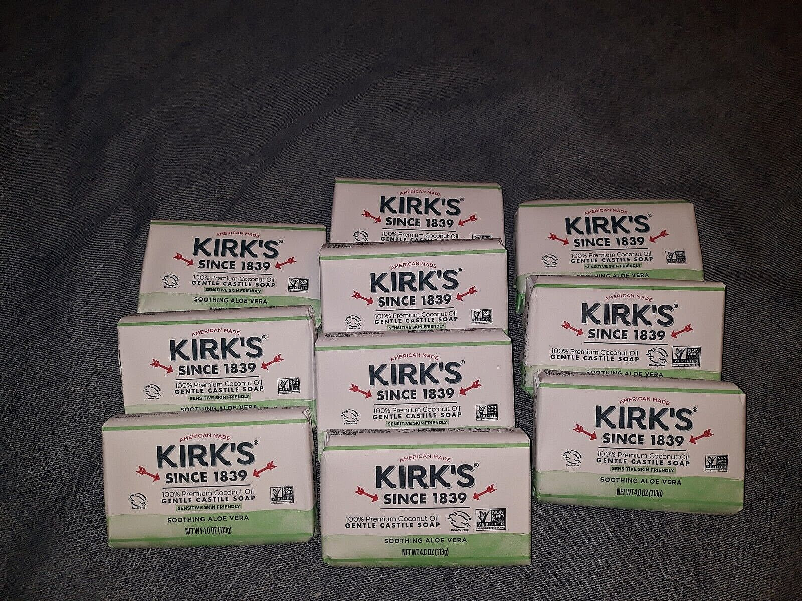 Kirk’s Original 100% Coconut Oil Castile Soothing Aloe Vera 4 Oz Soap Bars x10