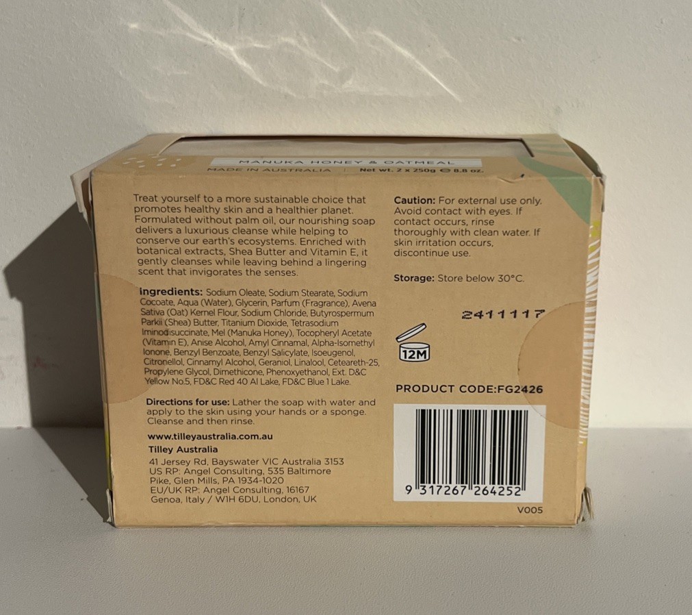 Tilley Australia Manuka🍯Honey & Oatmeal Palm-Free Soap Duo 2 x 250 gm/8.8 oz