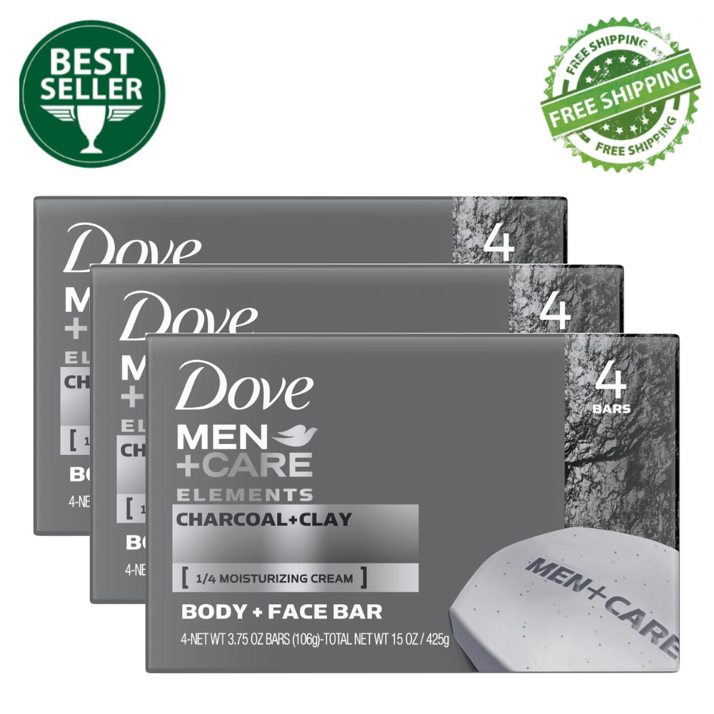 3 Pack Dove Men+Care Charcoal Clay Body Face Bar Soap 4oz, 4 Bars, 12 Bars Total
