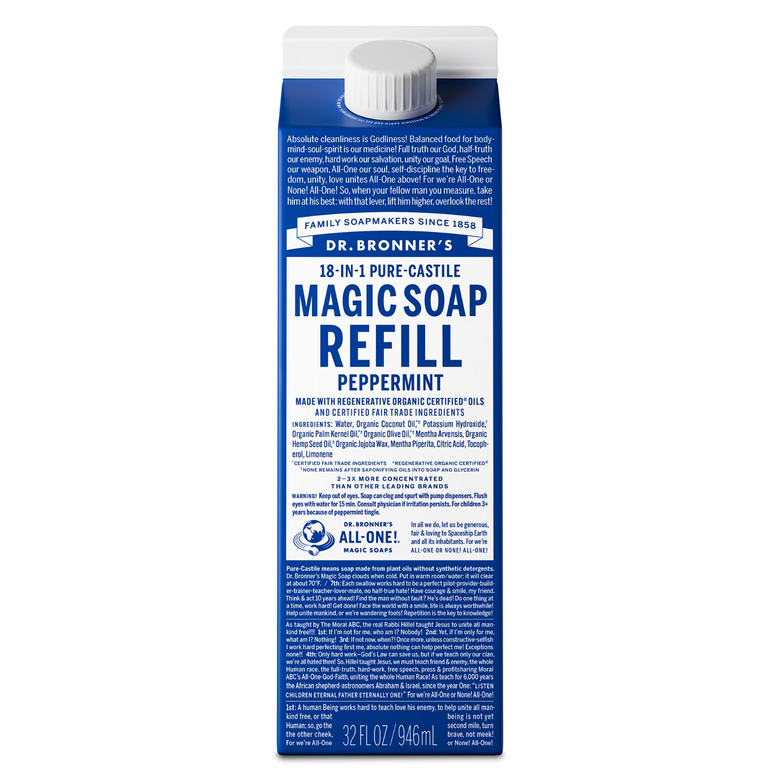 Dr. Bronner’s Peppermint Pure-Castile Liquid Soap, 32 oz, Refill Carton, 2 Pack