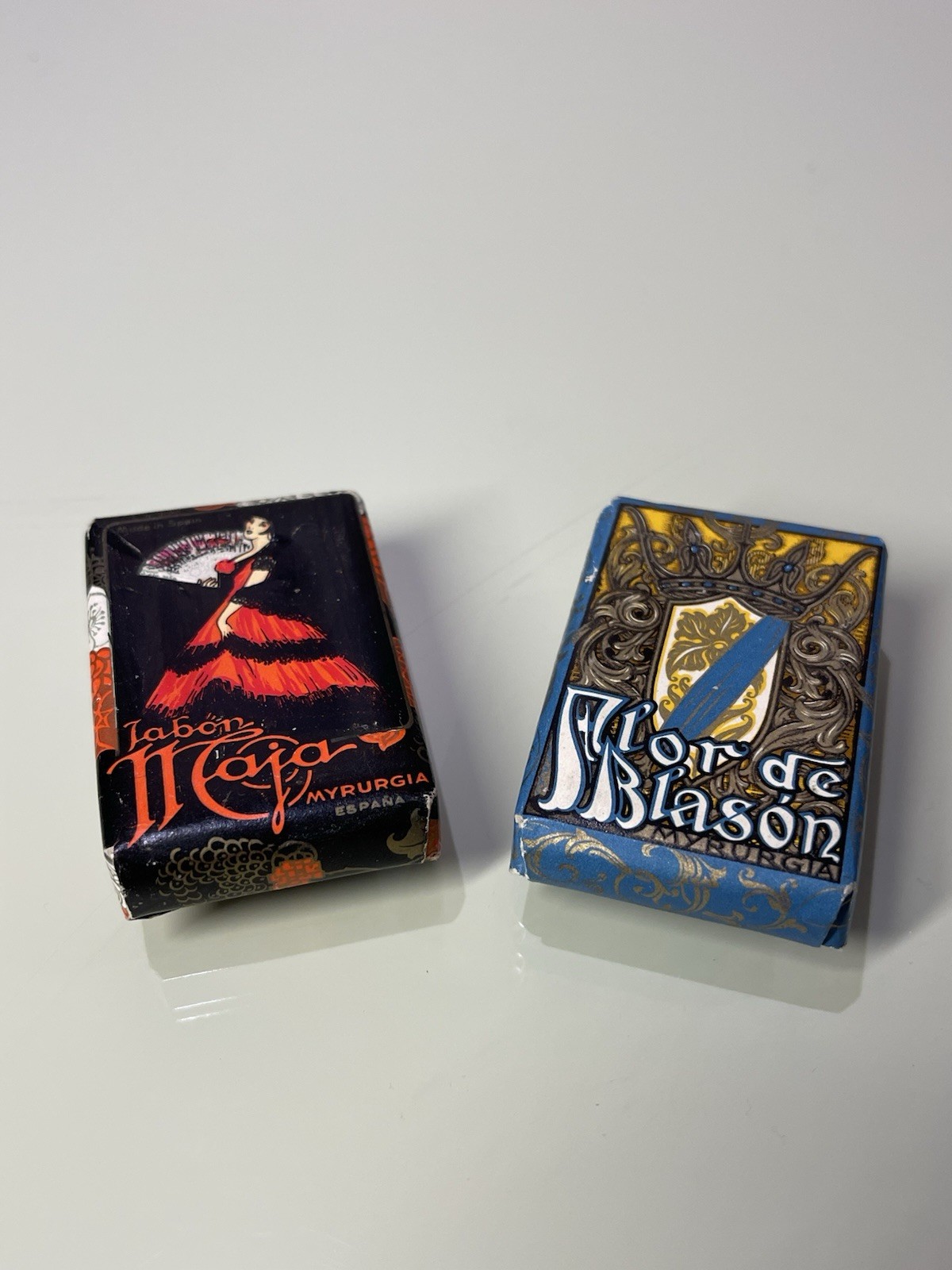 MYRURGIA Vintage RARE Small Travel 2 PERFUMED SOAPS Flor De Blason & Jabon Maja