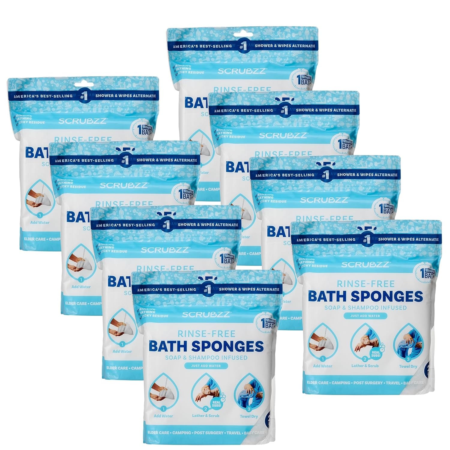Rinse-Free Bathing Sponge Wipes Water-Activated No Rinse Adult Washcloths 25ct
