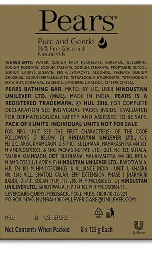 Pears Pure & Gentle Bathing Soap Bar 125 g (Pack of 8 Get Free 1 Soap
