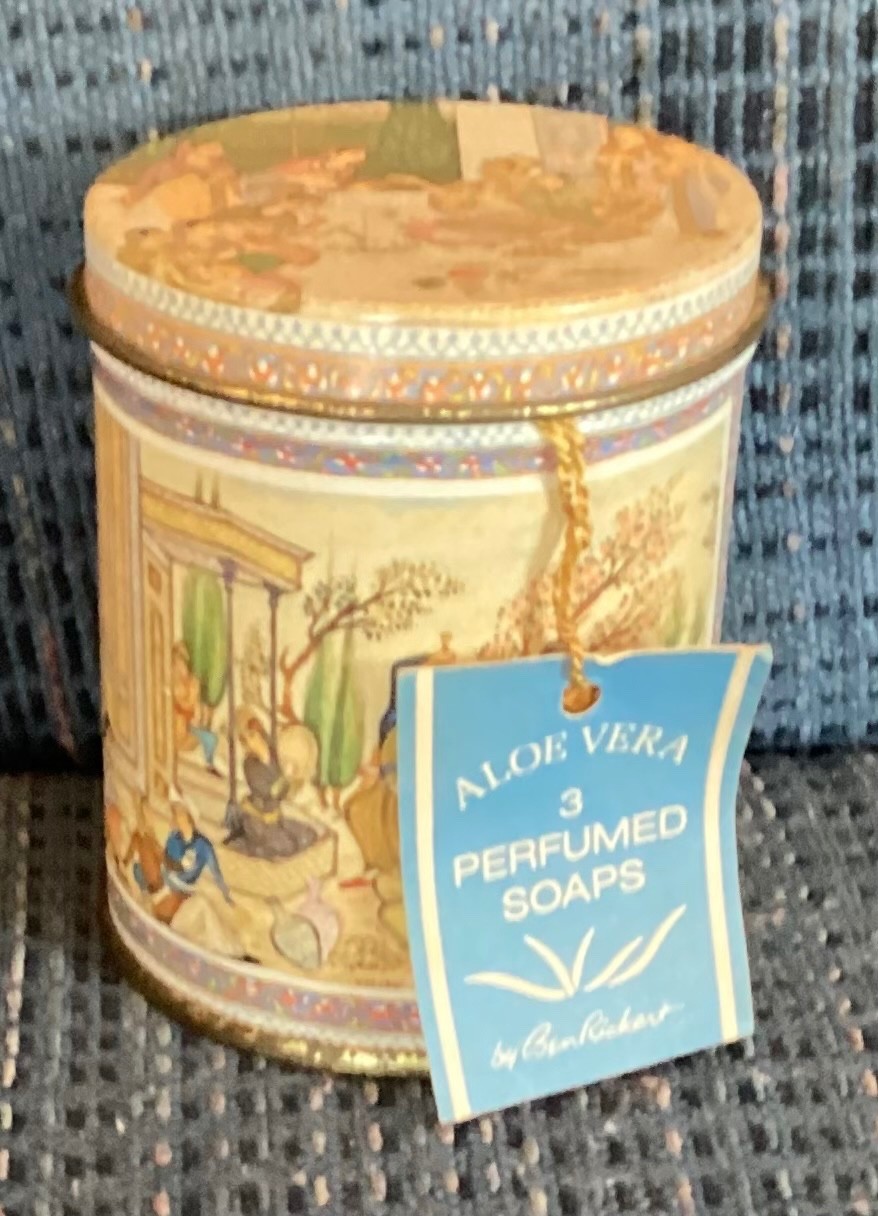 Ben Rickert ALOE VERA 2 Perfumed Soap Bars/Persian Art Canister 3.5 oz Tags Rare