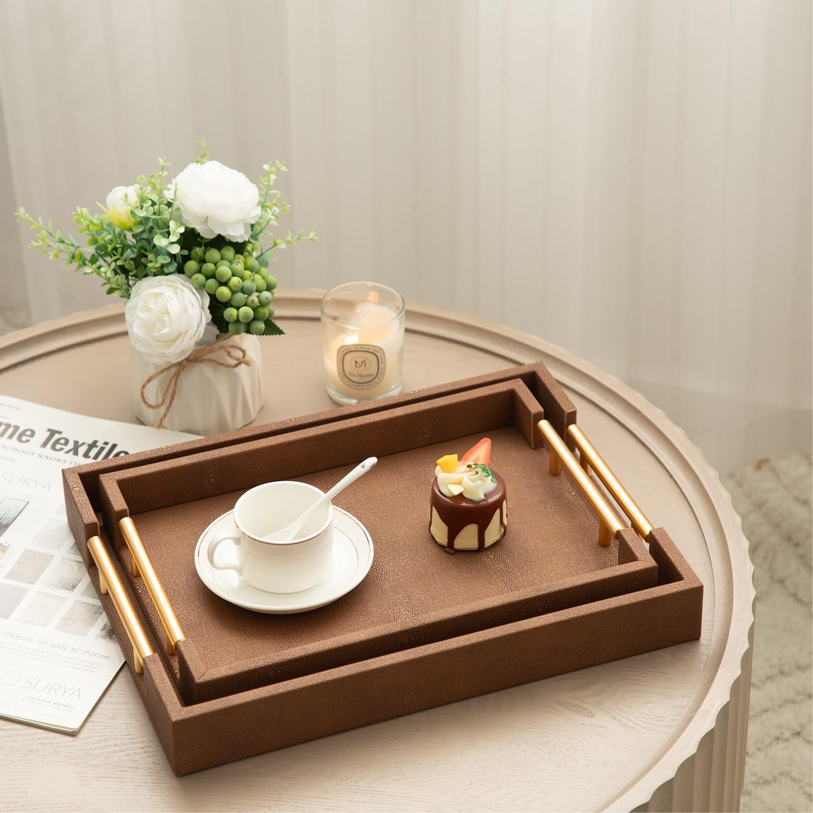 UPPER DECOR Set of 2 Decorative Tray Brown Shagreen Leather Tray, Modern Rectang