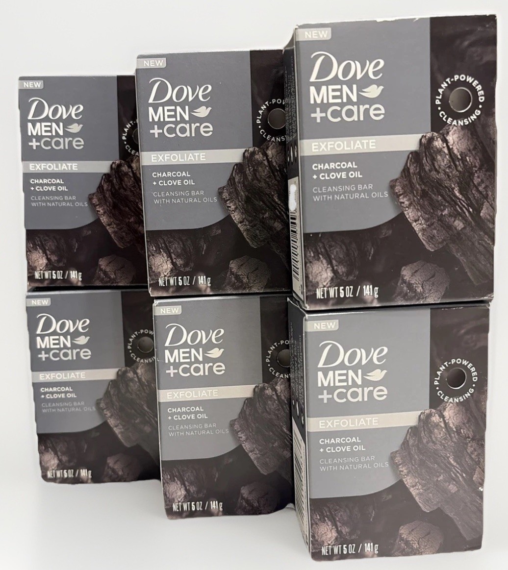 6 Pack: Dove Men+Care Exfoliate Plant Based Bar Soap – Charcoal & Clove Oil 5 oz