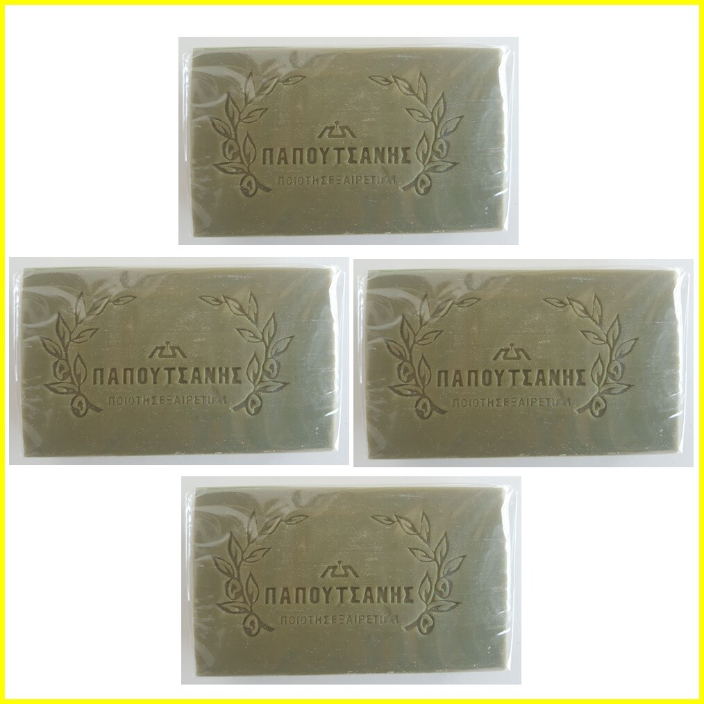 Green Pure Olive Oil Soap – Pack of 4 x 100g – Greek Traditional “Papoutsanis”