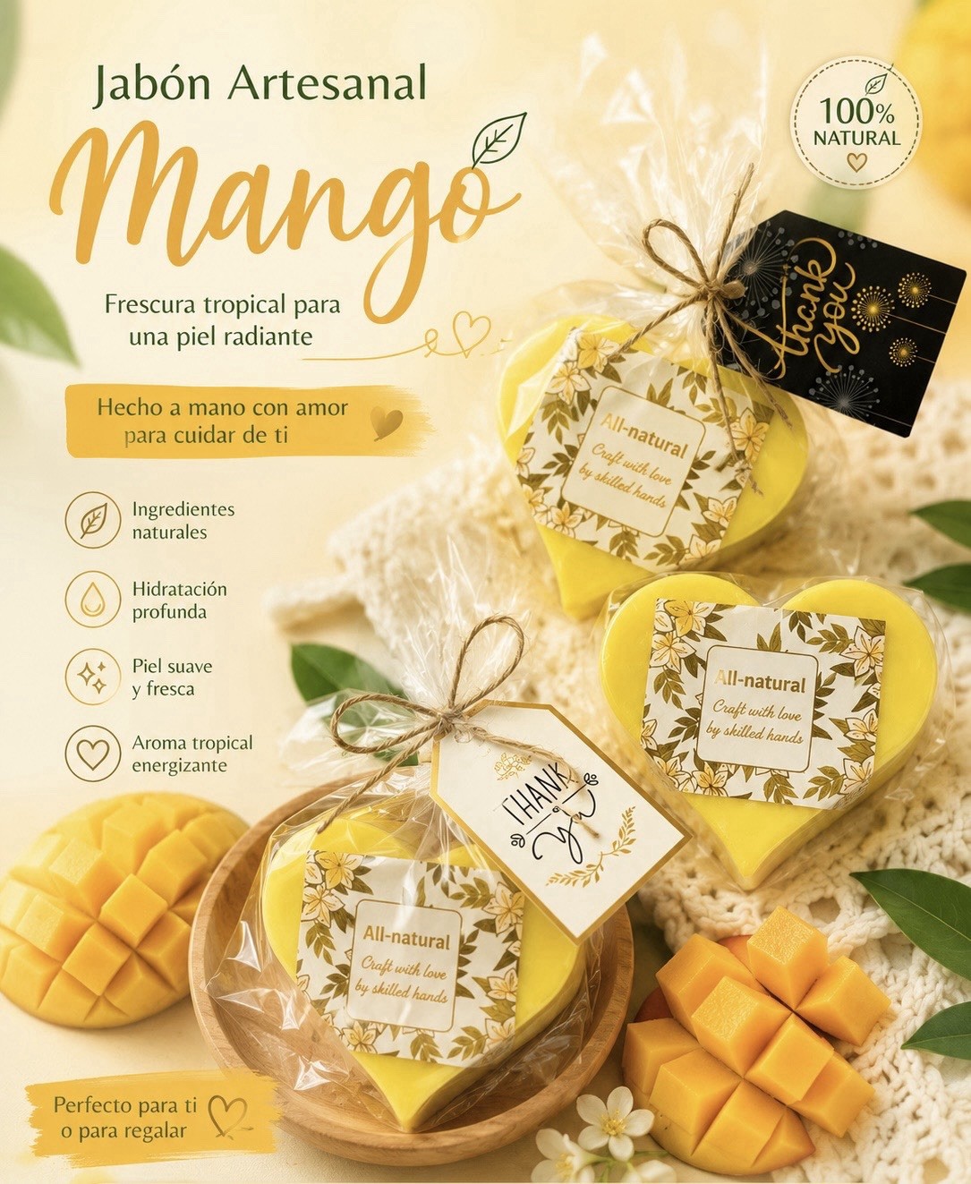 All Natural Handmade Mango Heart Body Bar Soap Yellow Floral Body Hands