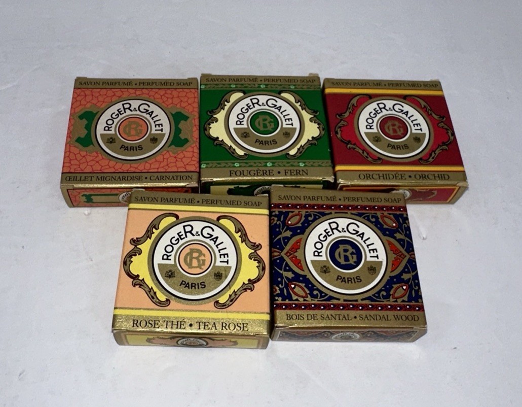Vtg Roger & Gallet **5** 0.9 oz France 2” Scented Guest Soaps Decorative Pkg