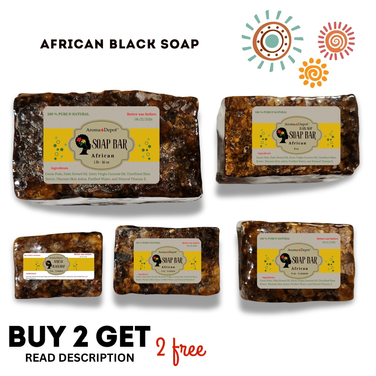 Raw African Black Soap 1 lb. Bar 100% Pure Organic Natural Skin Body Face Wash