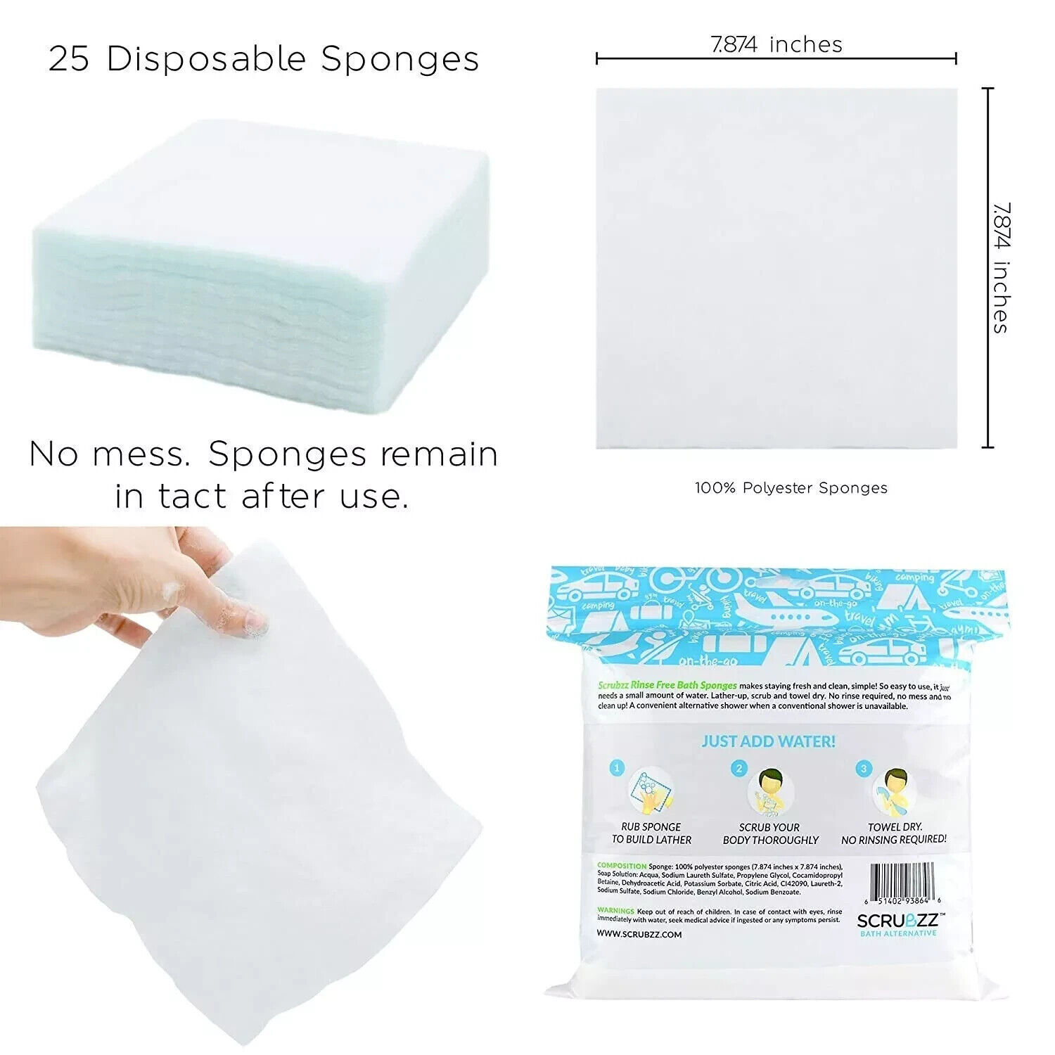 Scrubzz Disposable No Rinse Bathing Wipes – 25 Pack – All-In-1 Single Use Shower