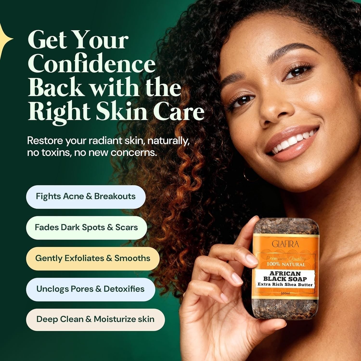 GLAFIRA African Black Soap with Extra Rich Shea Butter, 100% Natural,100ml