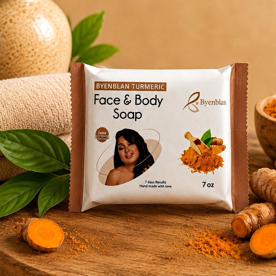 Byenblan Turmeric Face & Body Soap Bar 7oz Handmade, Floral Pattern, Orange