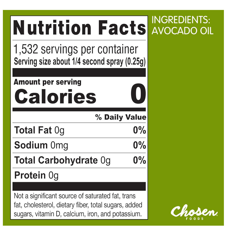 2 Pk) Chosen Foods 100% Pure Avocado Oil Spray, Cooking, Dressing, 13.5 oz, Each