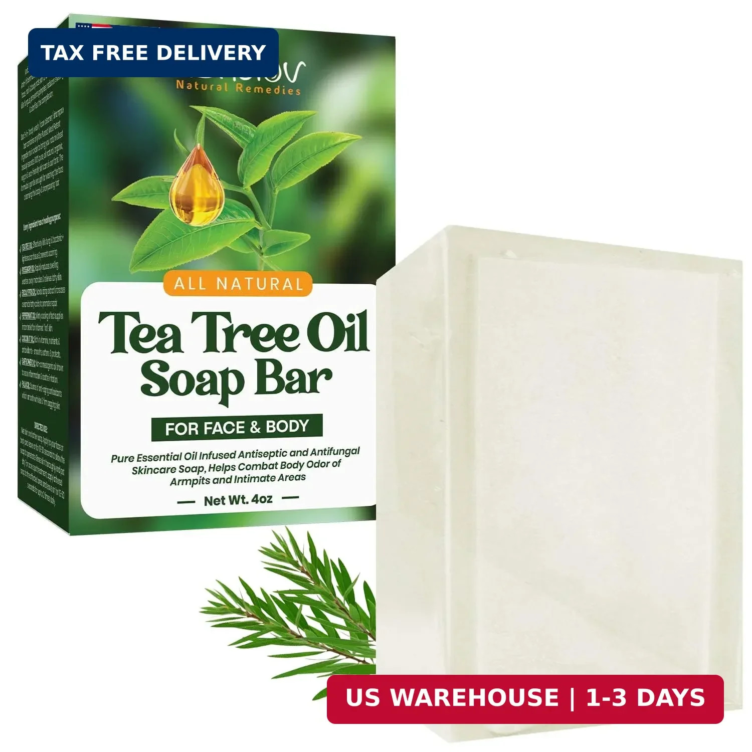 Herblov Tea Tree Oil Soap Bar for Face & Body, 4oz -All Natural Remedy Skin Clea