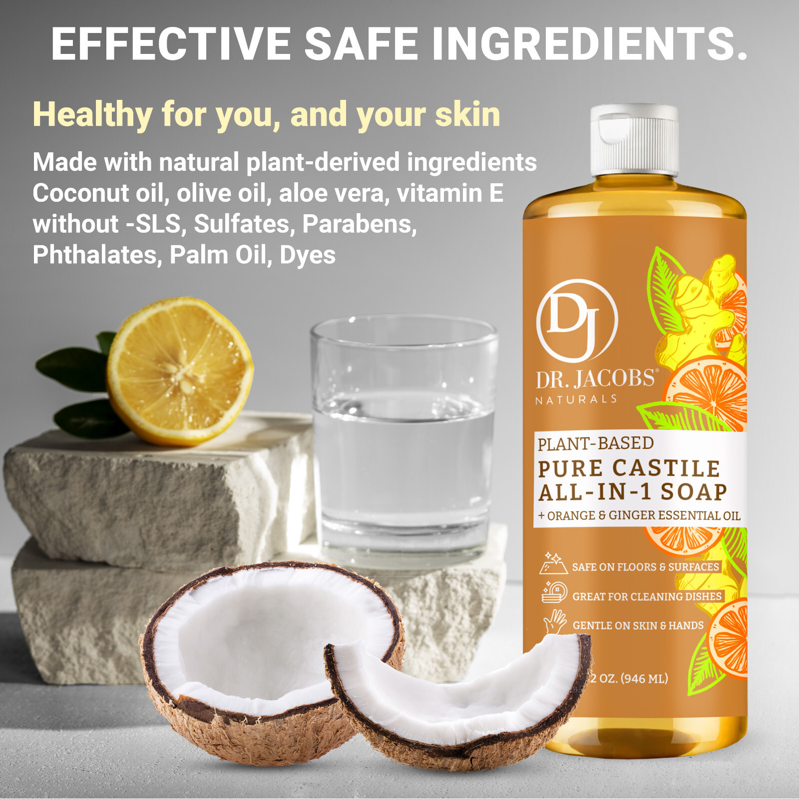 Dr Jacobs Naturals 32oz Orange Ginger Pure Castile Plant Based All-in-One Soap