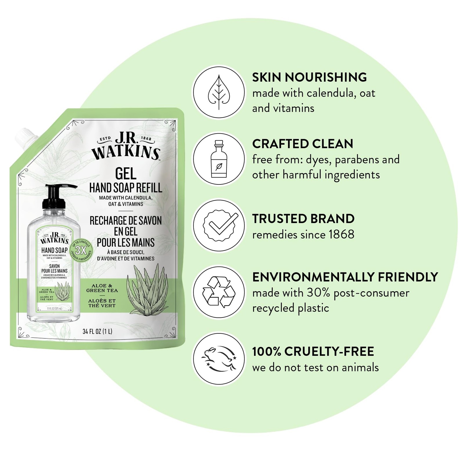 J.R. Watkins Gel Hand Soap Refill, 34 Fl Oz (Pack of 2), Aloe & Green Tea