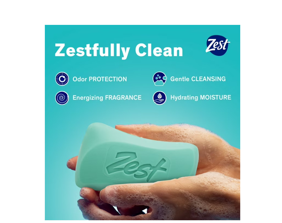 Zest Deodorant Bar Soap, Hydrating Moisture for All Skin Types, Aqua, 4 oz, 4P