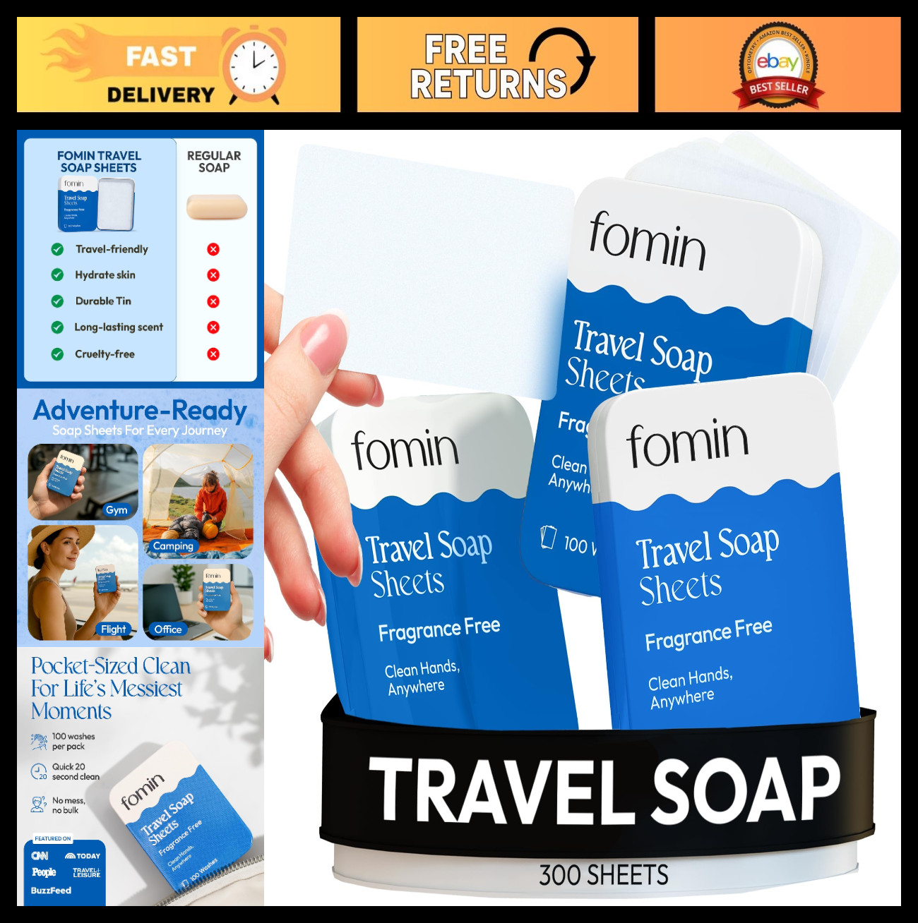 Portable Hand Soap Sheets – 300 Unscented Travel Soap Sheets in Tin – Dissolvabl