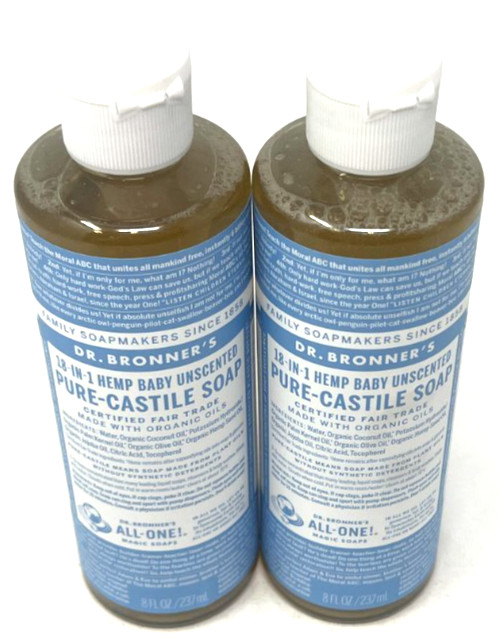 (2) Dr. Bronner’s 18-In-1 Hemp Baby Unscented Pure-Castile Soap Sealed 8 fl oz