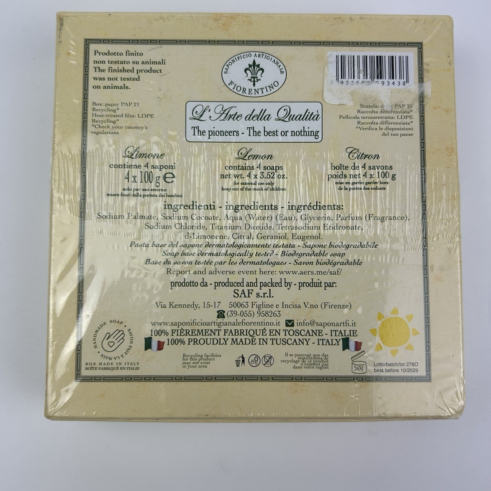 Saponificio Artigianale Fiorentino Limone lemon 4 x 100g Bar Soap Italy NEW