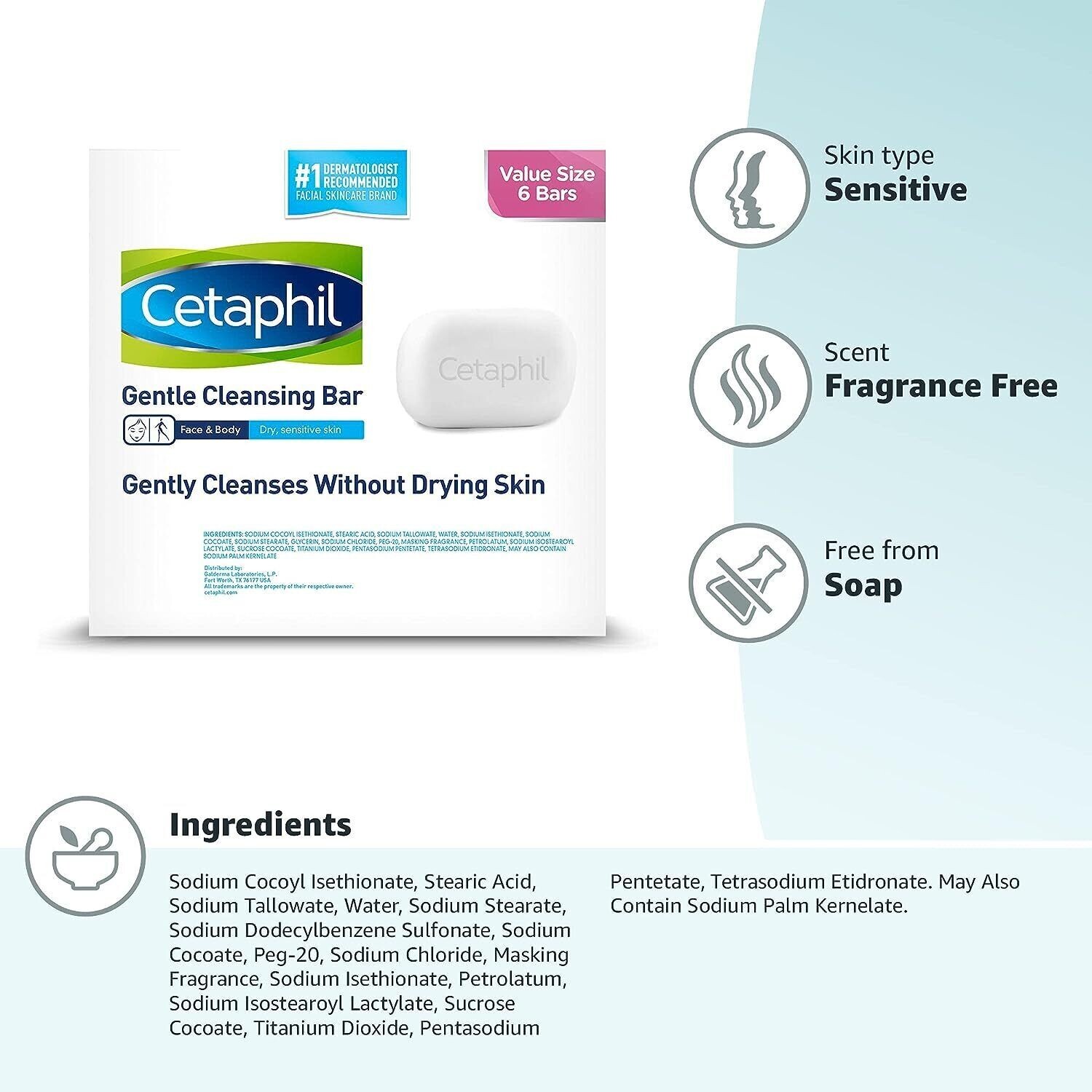 CETAPHIL Gentle Cleansing Bar Soap Nourishing Dry Sensitive Skin 4.5oz, 6-Pack