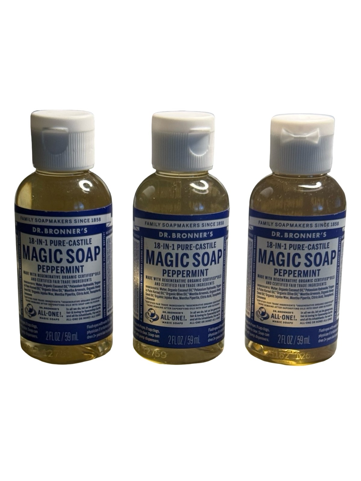 Lot of 3 Dr. Bronner’s Peppermint 18-in-1 Pure-Castile Magic Soap 2 fl oz