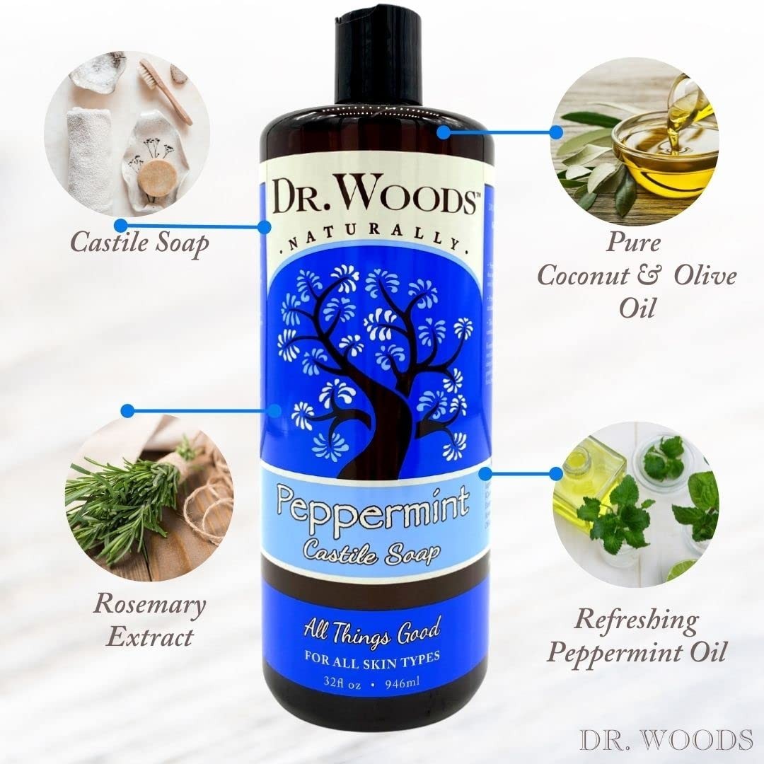Dr. Woods Pure Peppermint Castile Soap Liquid 32 oz All Natural 3 PACK 96oz Lot