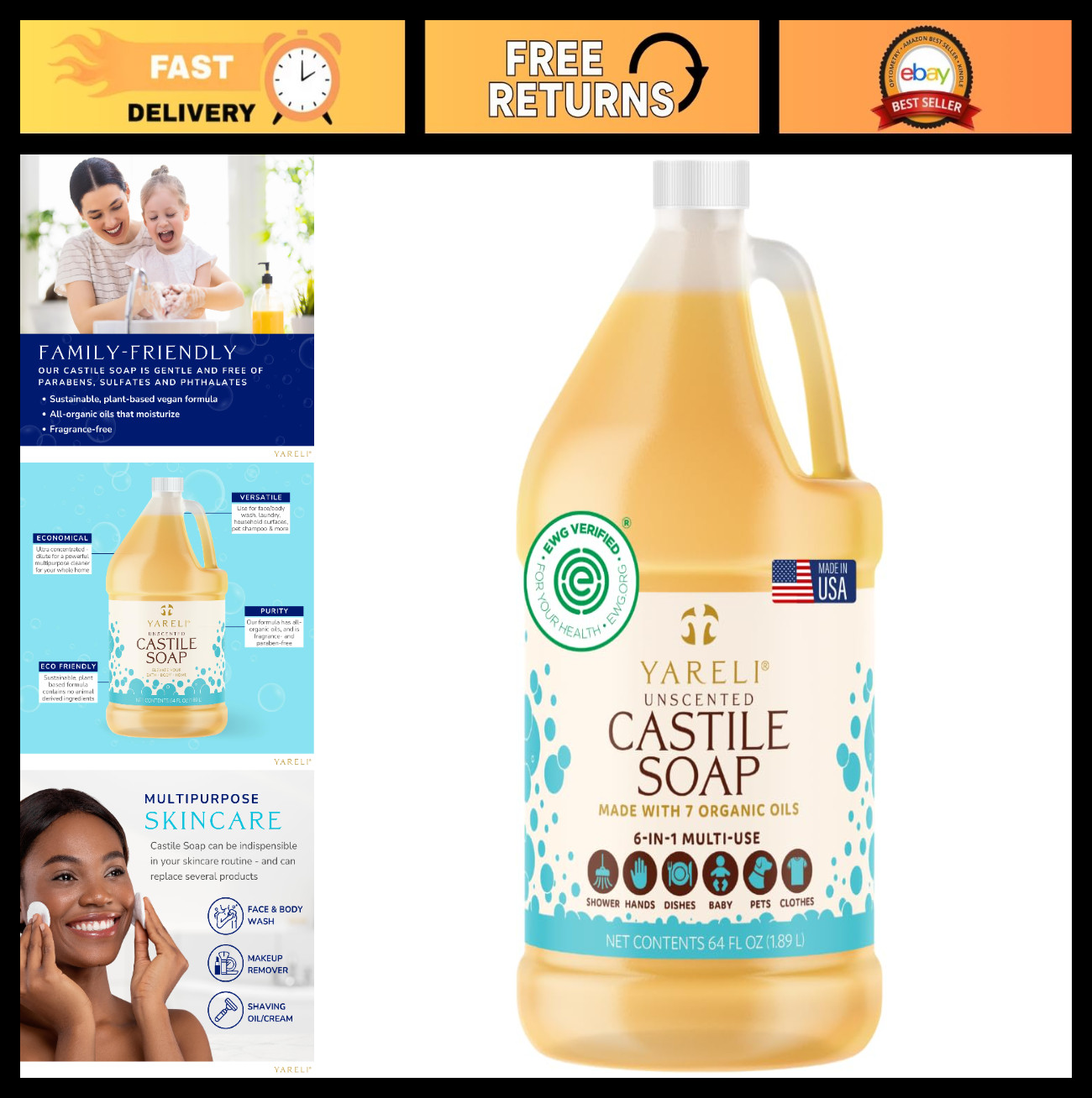 Pure Castile Soap Liquid Unscented 64oz – EWG Verified Organic, Vegan Body Wash,