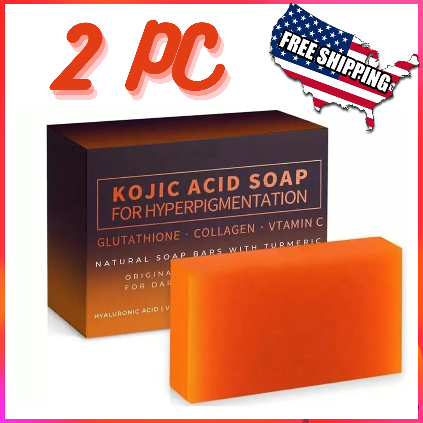 2 Pack Kojic Acid Deep Spot Remover Soap Bars with Vitamin C, Retinol, Collagen