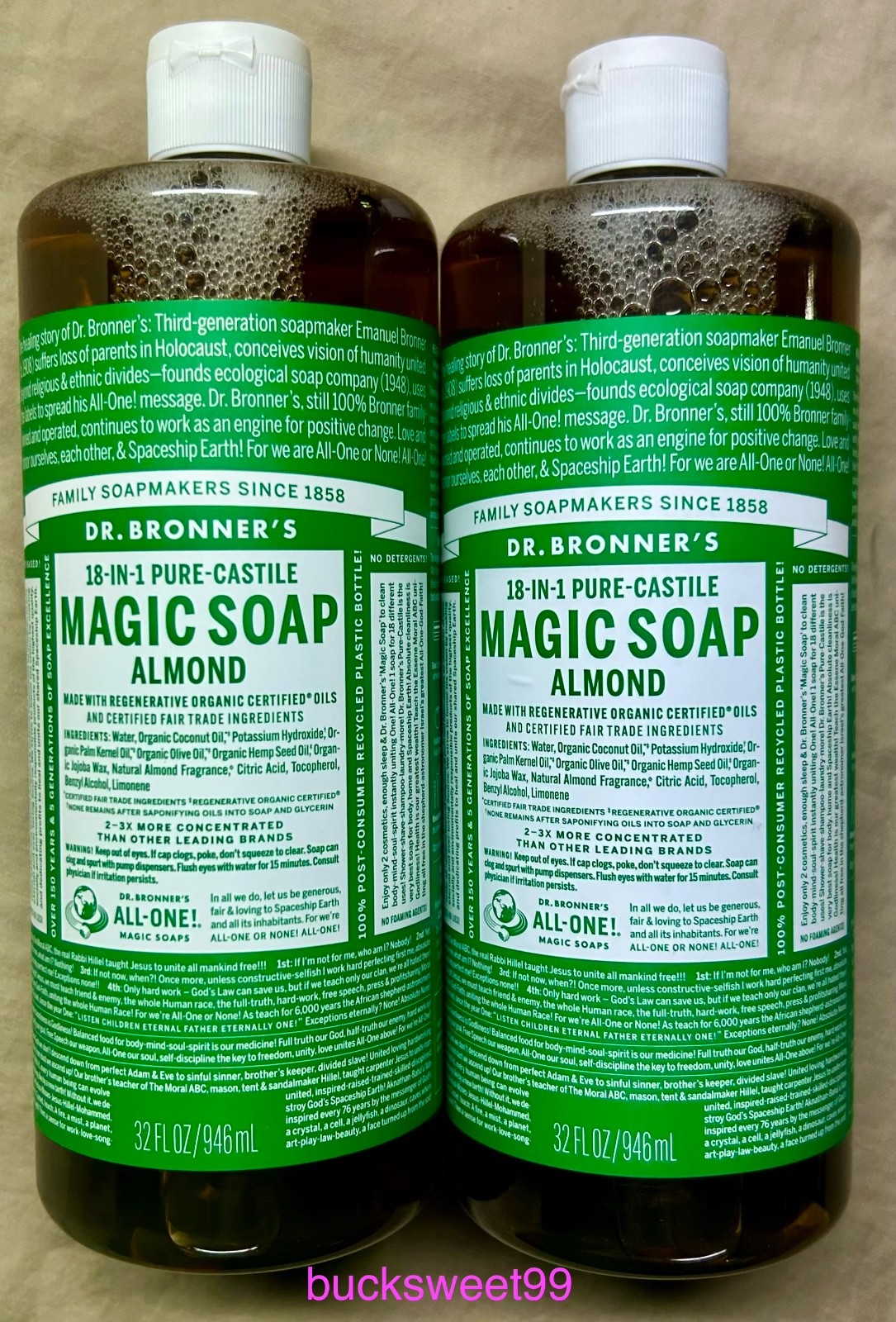 DR. BRONNER”S 18-In-1 ALMOND Pure-Castile MAGIC Soap – 32 fl oz each – 2-PACK