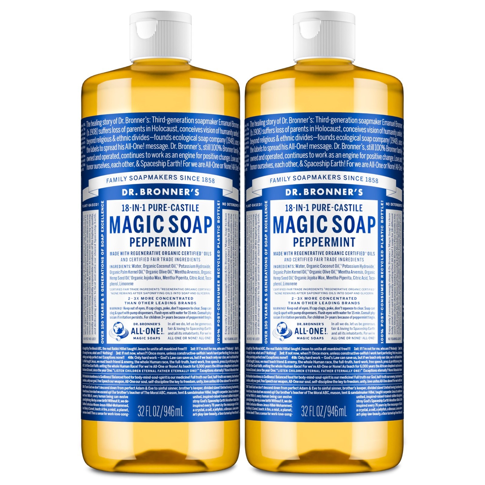 Pure-Castile Liquid Soap 32 oz (2-Pack) – Organic, Vegan, Non-GMO, Peppermint –