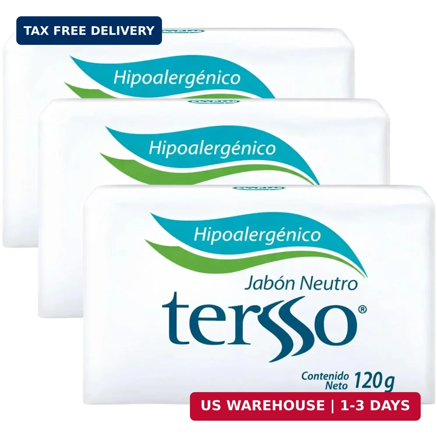 Tersso Hypoallergenic Neutral Soap Bar 120 g 3 Pack for Sensitive Skin, Gentle F