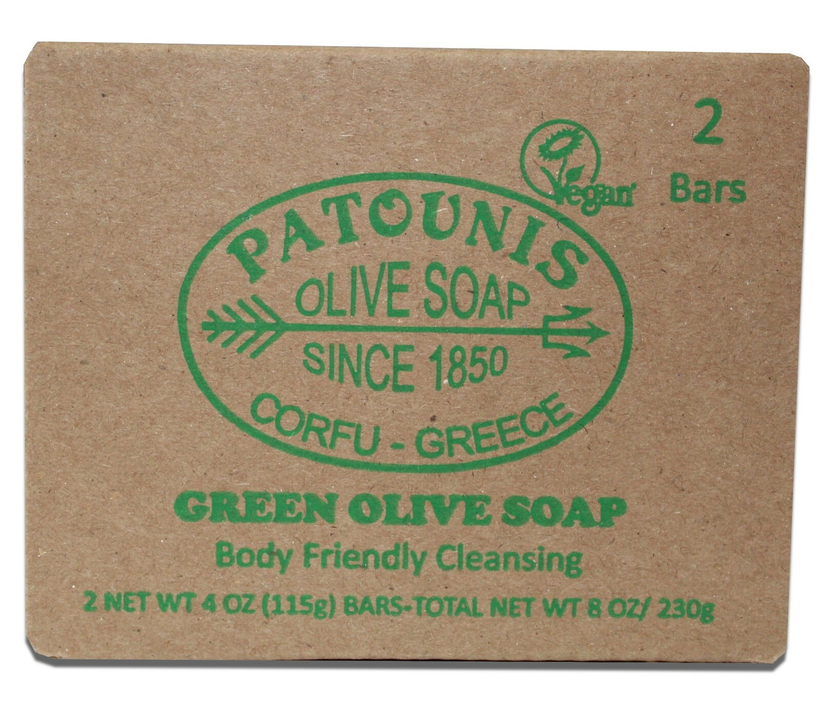 Patounis VEGAN Greek Green Olive Soap No additives 2 bars (4 Oz/bar)