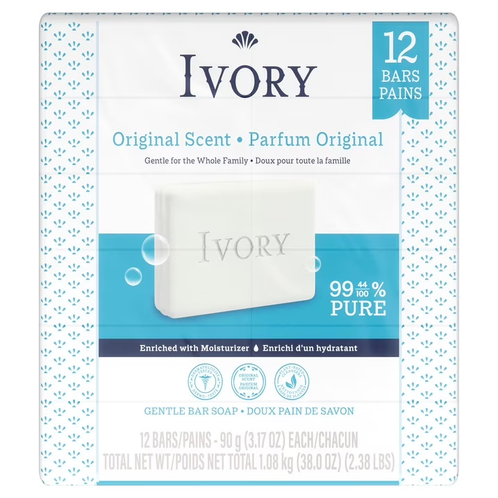 Ivory Bar Soap Original Scent, For All Skin Types, 12 Pack, 3.17 oz Each