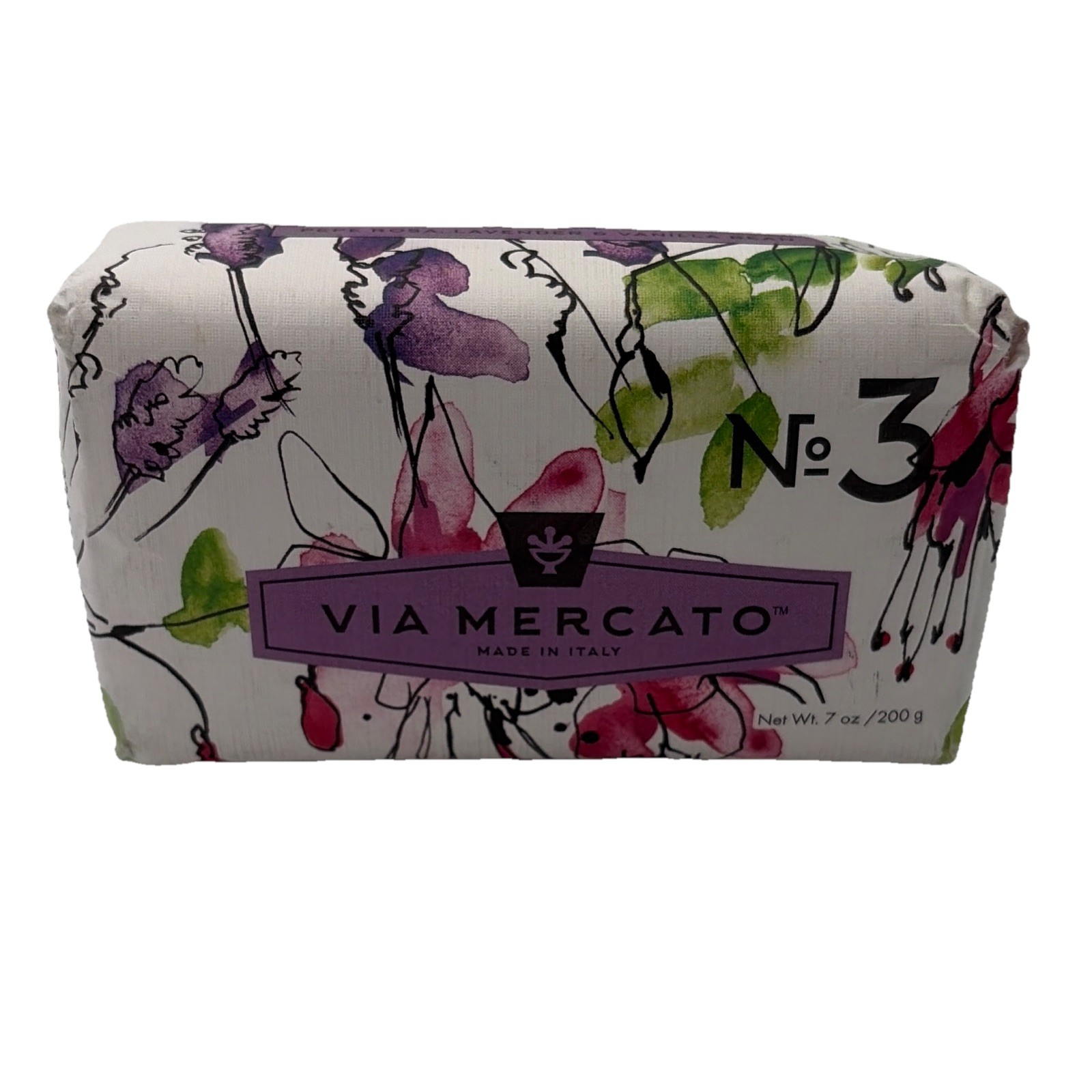 Via Mercato No. 3 Lavender Vanilla Pepe Rosa Moisturizing Soap Bar 7 oz
