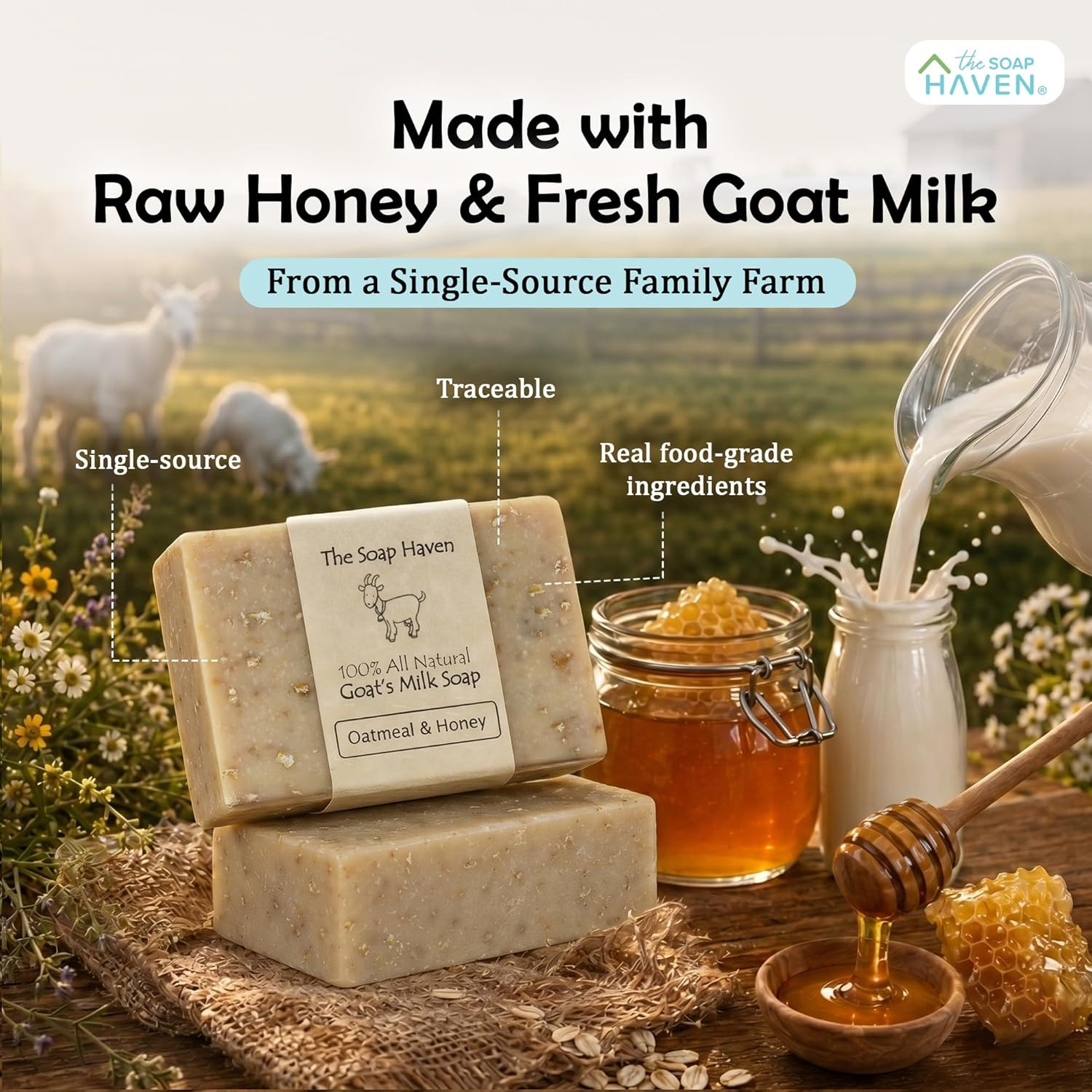 Oatmeal Soap – 4 Oatmeal & Honey Goat Milk Soap Bars, Handmade in USA, All Natur