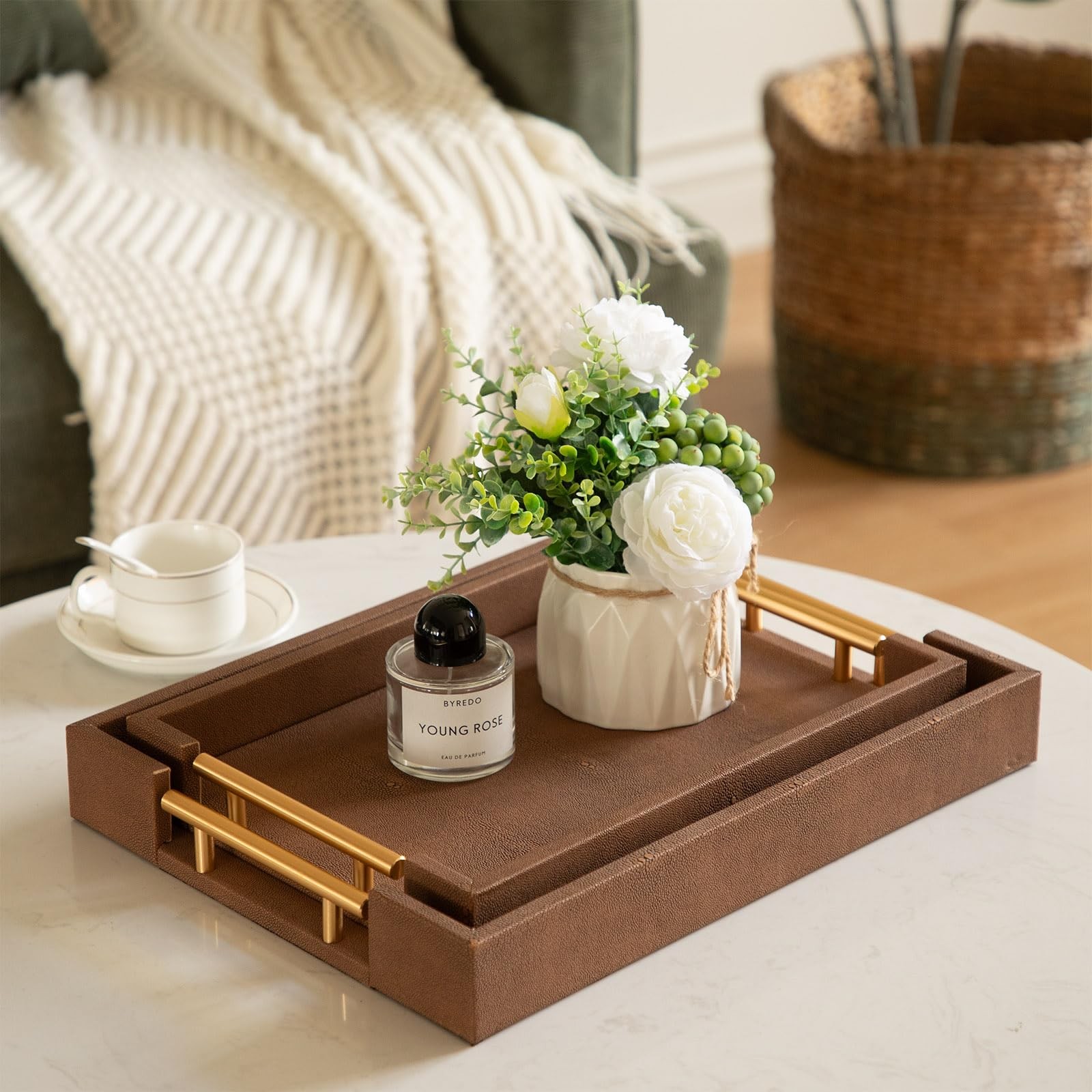 UPPER DECOR Set of 2 Decorative Tray Brown Shagreen Leather Tray, Modern Rectang