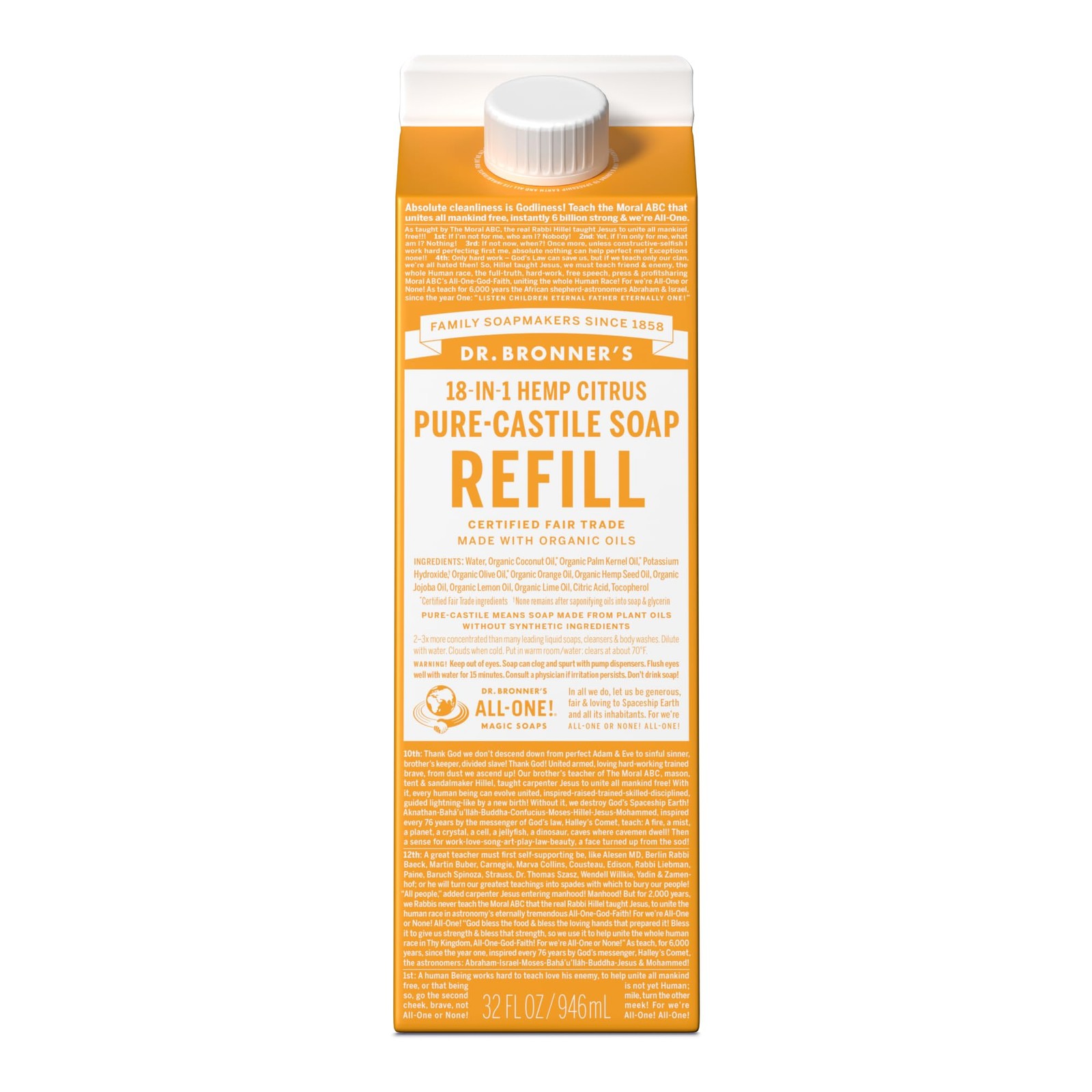 Dr Bronner’s Organic Citrus Pure Castile Soap 32 Fl Oz Liquid Refill 18 In 1