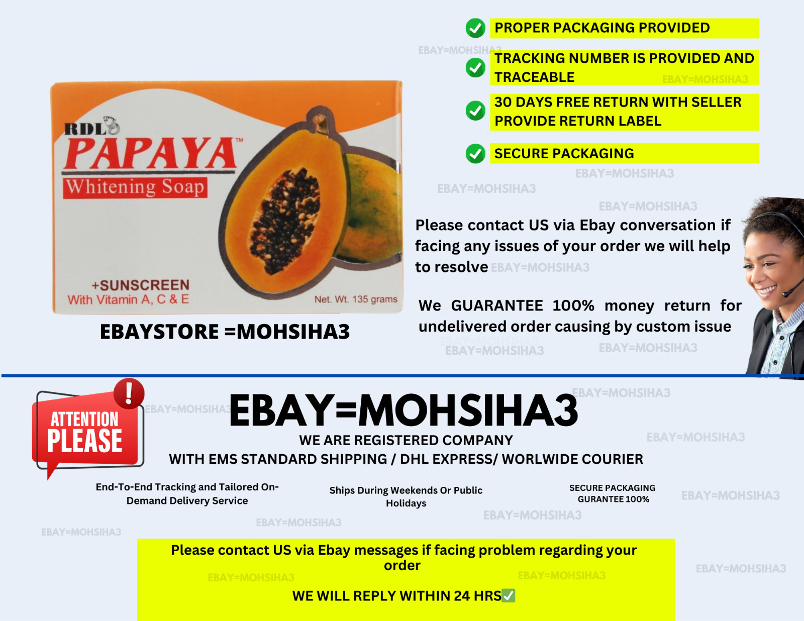 RDL Papaya Whitening Soap Sunscreen With Vitamin A C & E 135g ( X 3 )