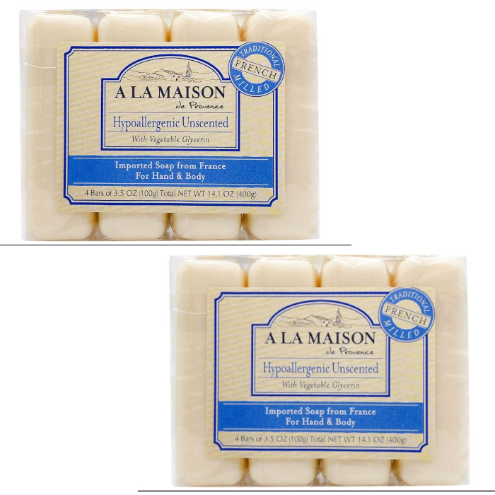 A La Maison –Bar Soap Hypoallergenic Unscented 3.5 oz (Pack of 2 / Total 8 bars)