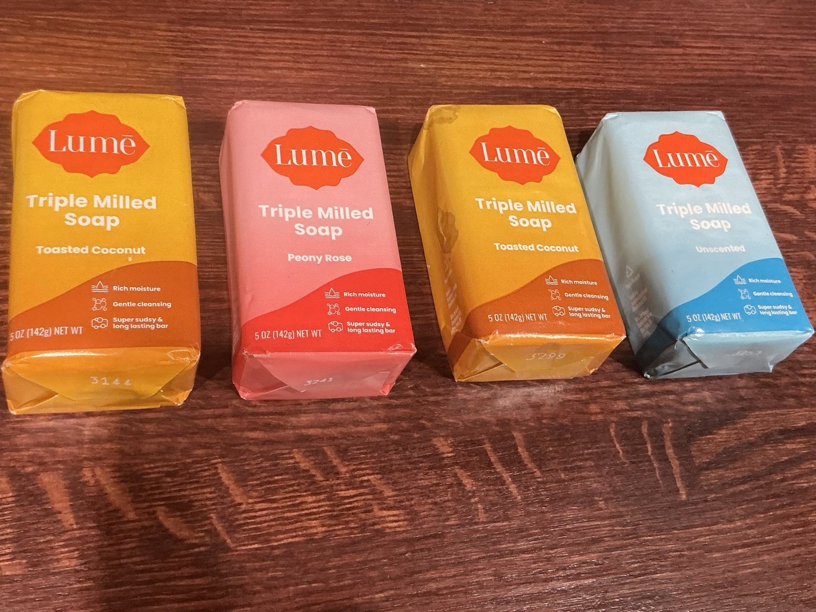 Lot of 4 Lume Triple Milled Soap Bars 5 oz Toasted Coconut Peony Rose Unscented