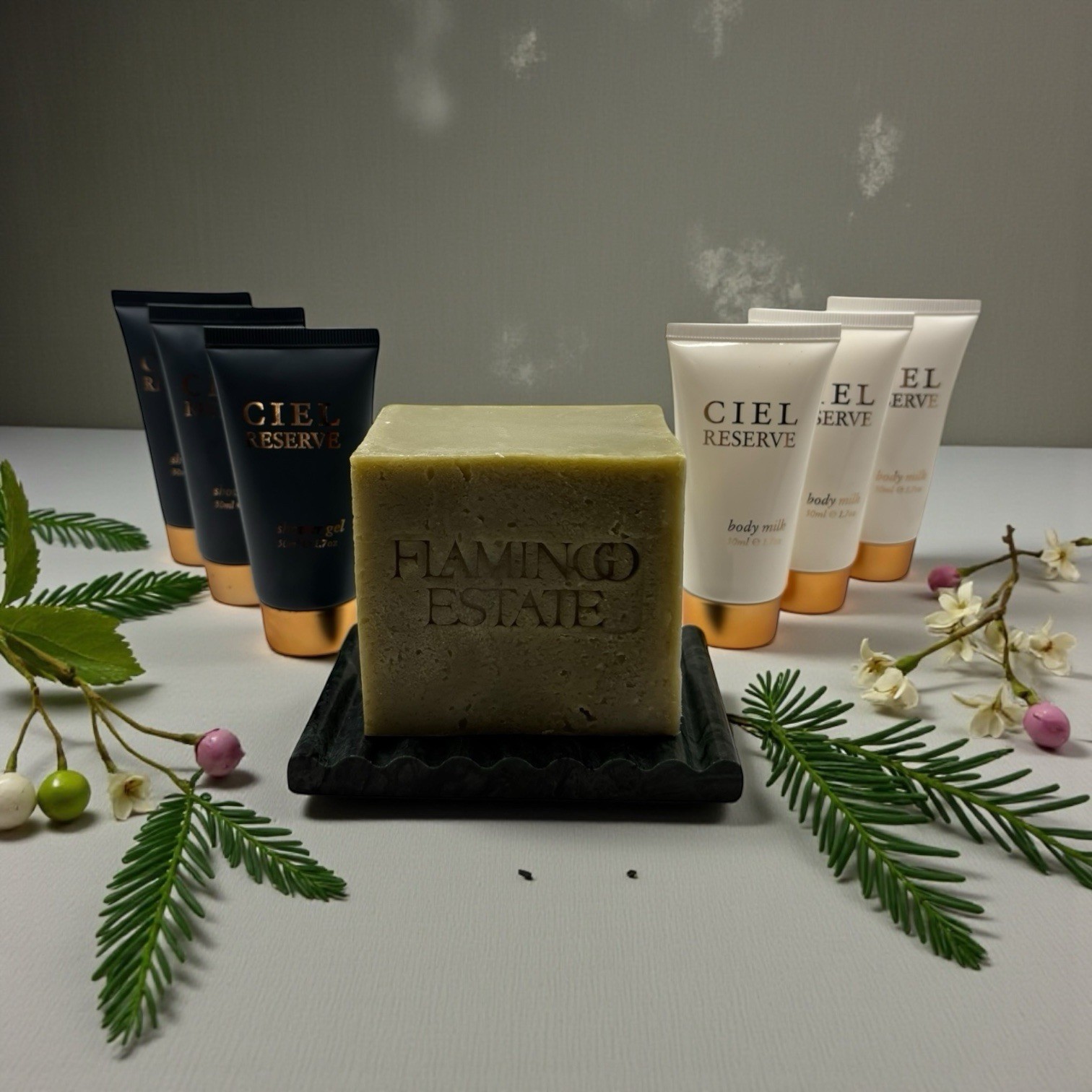Flamingo Estate Green Leaf Organic Soap Brick with Verde Indio Green Marble Dish