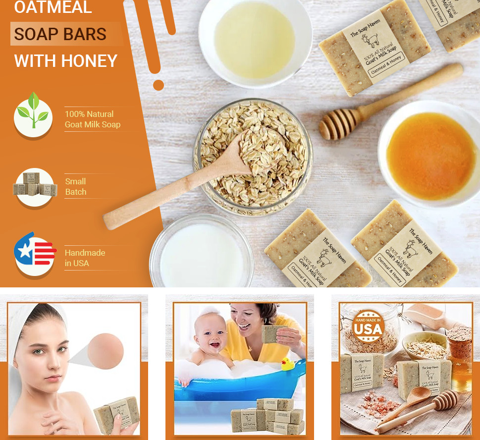 Oatmeal Soap – Pack of 4 Oatmeal & Honey, Goat Milk Soap Bars. All Natural, Unsc