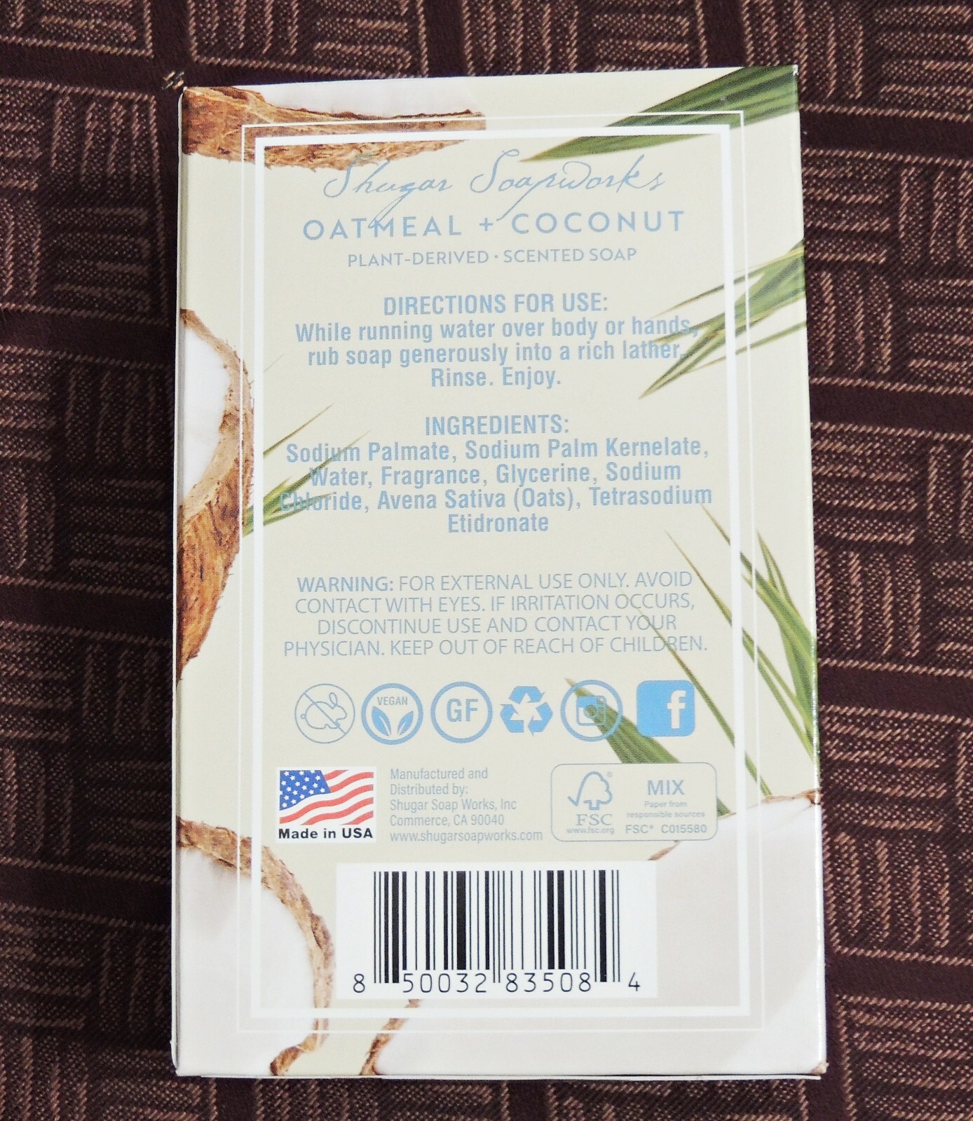 SHUGAR SOAPWORKS Oatmeal + Coconut Plant Based Bar Soap Vegan Long Lasting 5oz