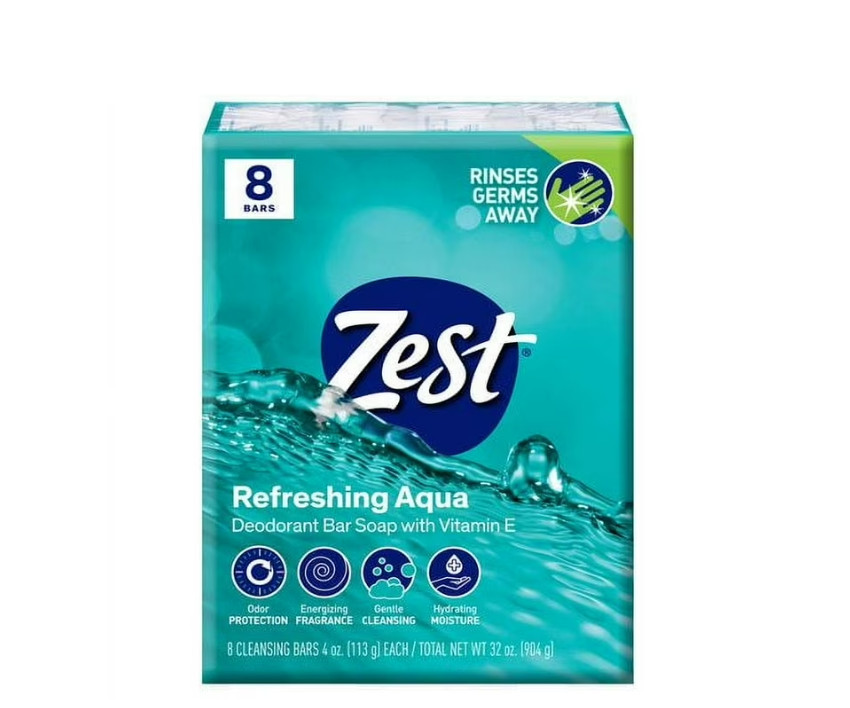 Zest Deodorant Bar Soap, Hydrating Moisture for All Skin Types, Aqua, 4 oz, 4P