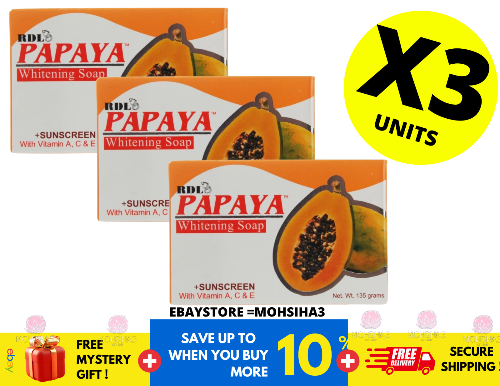 RDL Papaya Whitening Soap Sunscreen With Vitamin A C & E 135g ( X 3 )