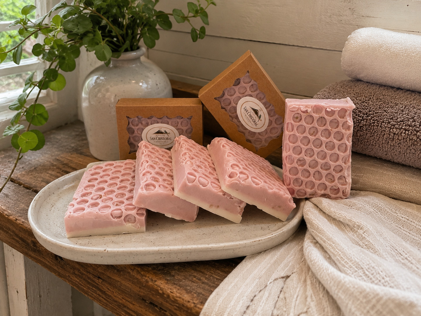 4 PACK Lavender Rose Honeycomb Cocoa Butter Soap Bars + FREE Lip Gloss Tin