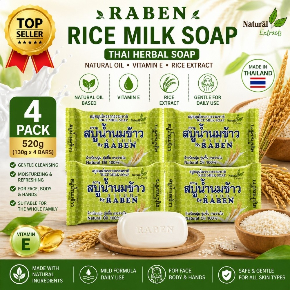 RABEN Rice Milk Soap Thai Herbal Bar Natural Oil Vitamin E 2-12 Pack